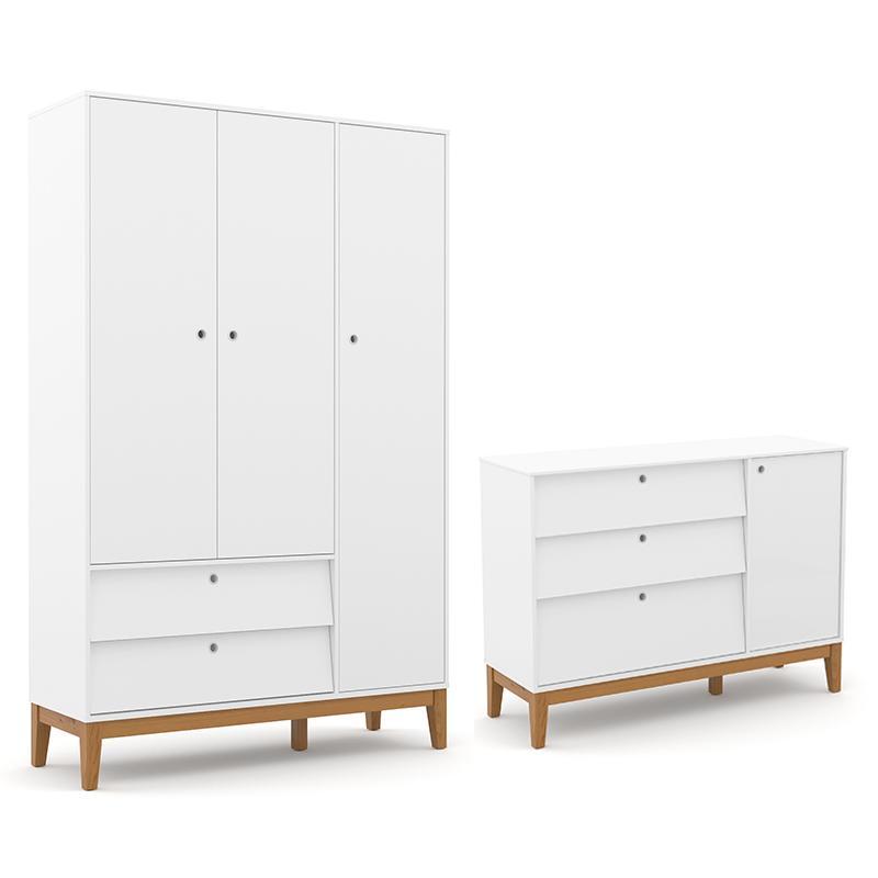 Jogo De Quarto Infantil Unique Guarda Roupa 3 Portas E Cômoda Com Porta Branco Soft/eco Wood- Matic Móveis