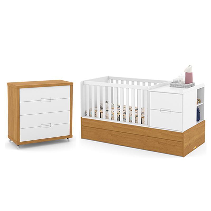 Jogo De Quarto Infantil Tutto New Cômoda 4 Gavetas E Berço Multifuncional Formare Branco Soft/freijó - Matic Móveis