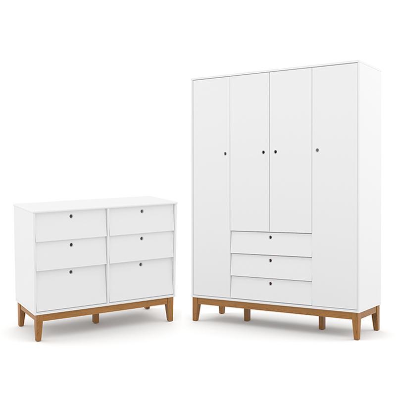 Jogo De Quarto Infantil Unique Guarda Roupa 4 Portas E Cômoda 6 Gavetas Branco Soft/eco Wood - Matic Móveis