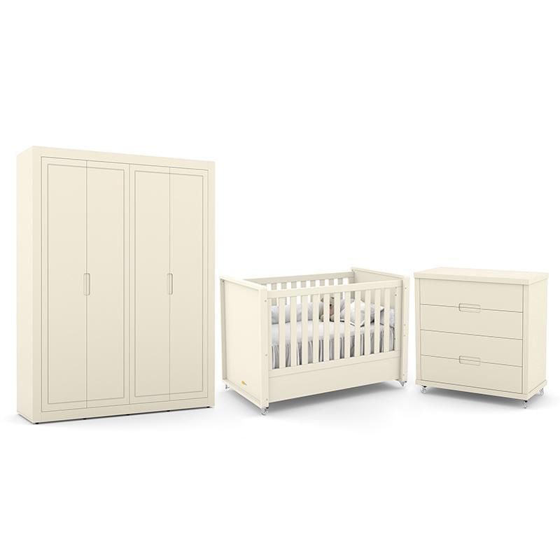 Dormitório Tutto New 4 Portas, Cômoda 4 Gavetas E Berço Off White - Matic Móveis