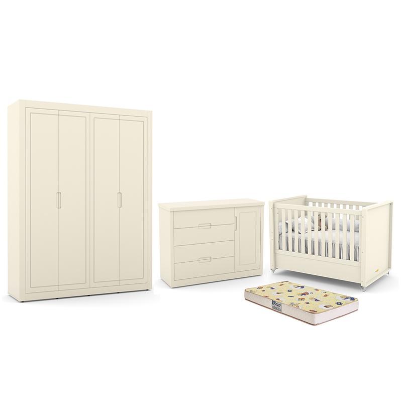 Dormitório Tutto New 4 Portas, Cômoda 1 Porta, Berço Off White Com Colchão D18 - Matic Móveis