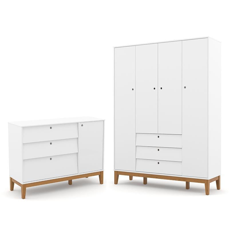 Jogo De Quarto Infantil Unique Guarda Roupa 4 Portas E Cômoda Com Porta Branco Soft/eco Wood - Matic Móveis