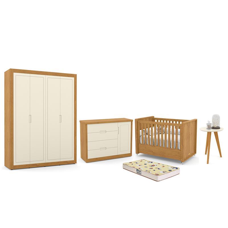 Dormitório Tutto New 4 Portas, Cômoda 1 Porta, Berço Freijó/off White Com Colchão D18 E Mesinha - Matic Móveis