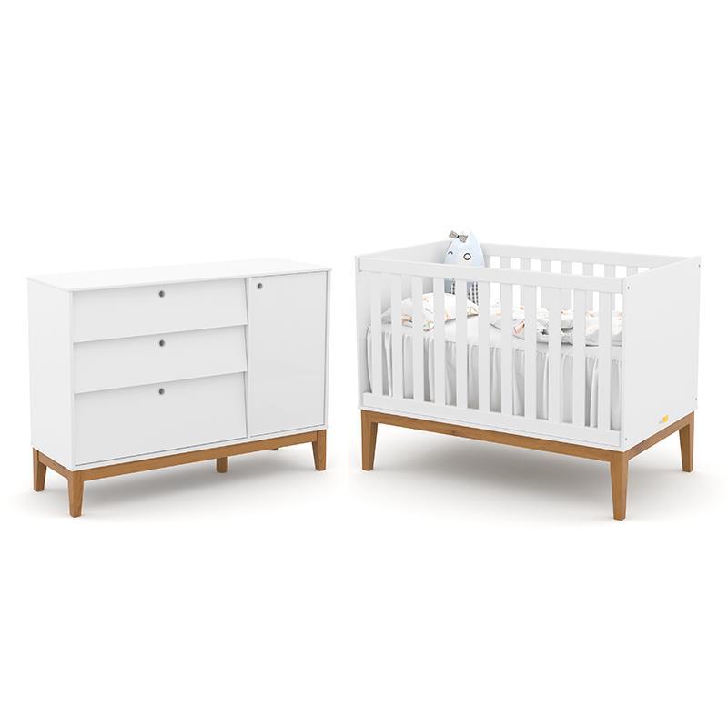 Jogo De Quarto Infantil Unique Cômoda Com Porta E Berço Branco Soft/eco Wood - Matic Móveis