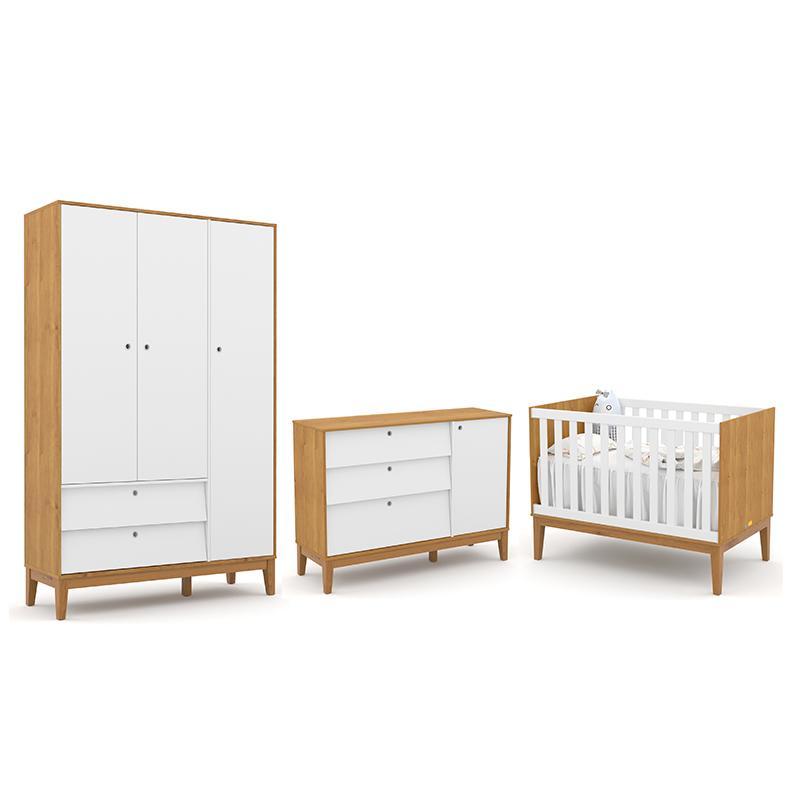 Dormitório Completo Infantil Unique 3 Portas, Cômoda Com Porta E Berço Freijó/branco Soft/eco Wood - Matic Móveis