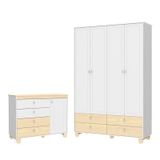 Jogo De Quarto Infantil Com Cômoda 1 Porta 4 Gavetas E Guarda Roupa 4 Portas Rope Branco Soft/natural - Matic Móveis