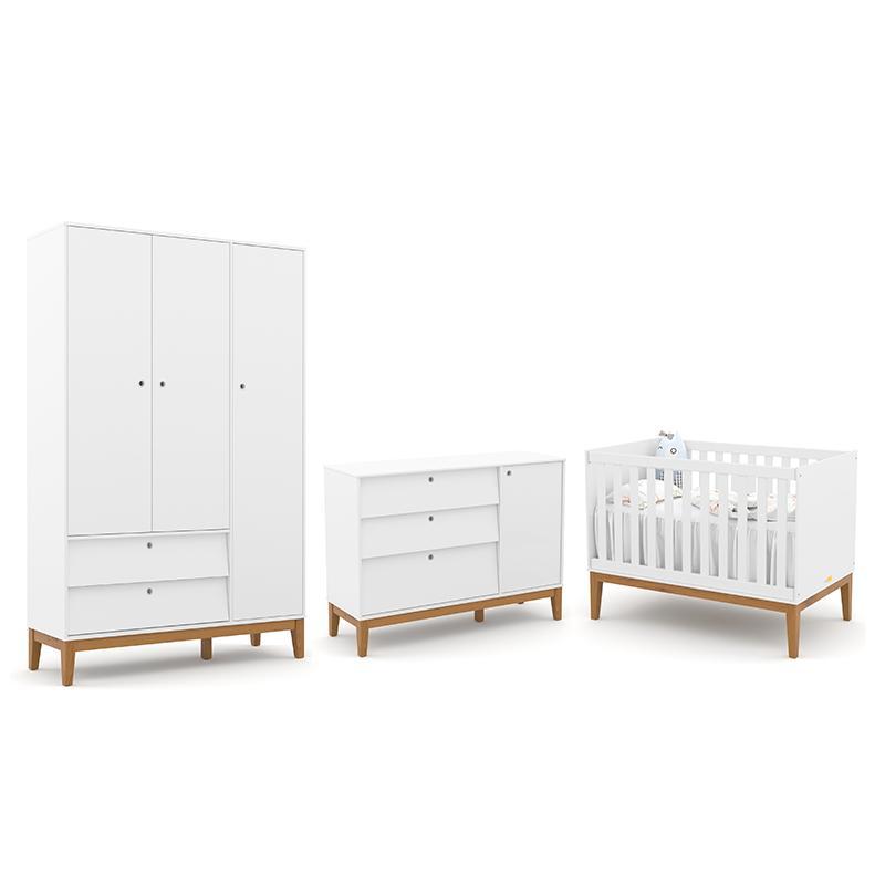 Dormitório Completo Infantil Unique 3 Portas, Cômoda Com Porta E Berço Branco Soft/eco Wood - Matic Móveis