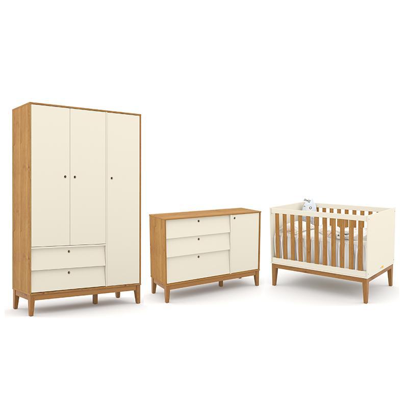 Dormitório Completo Infantil Unique 3 Portas, Cômoda Com Porta E Berço Off White/freijó/eco Wood - Matic Móveis