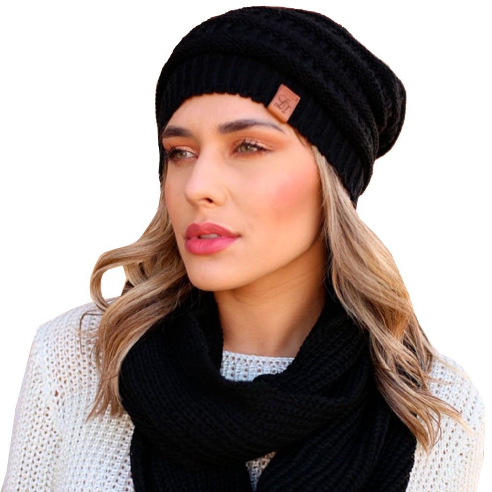 Touca Feminina Masculina Lã E Cachecol Gola Tricot Frio Kit