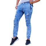 Calça Masculina Jogger Jeans Claro Lazúli Com Rasgos Com Cordão Na Cintura