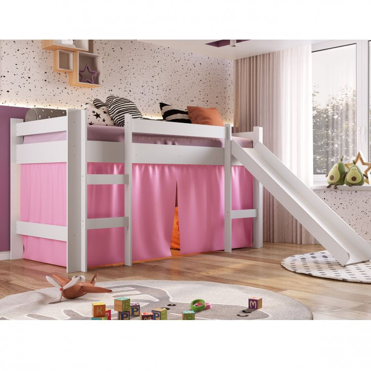 Cama Elevada com Escorregador e Cortina Completa Móveis Branco/Rosa