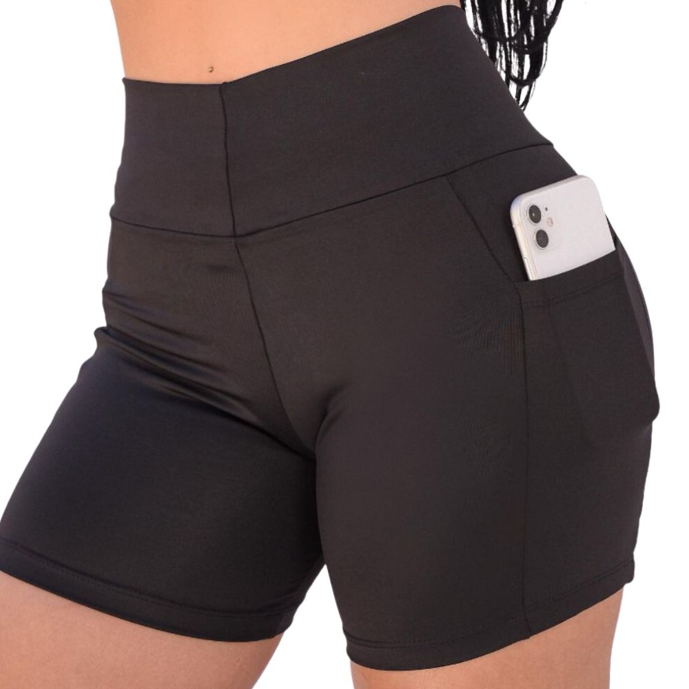 Short Curto Preto Bolso Poliamida Academia Treino Cross