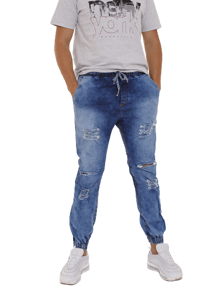 Calça Masculina Jogger Jeans Claro Lazúli Com Rasgos