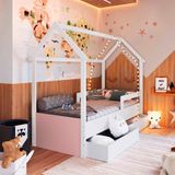 Cama Infantil Casinha Com 2 Gavetas Solteiro Branco Rosa Sonho Completa Móveis