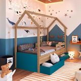 Cama Infantil Casinha Com Colchão Solteiro 2 Gavetas Aveiro Oak Azul Secreto Sonho Completa Móveis