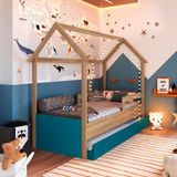 Cama Infantil Casinha Com Auxiliar E 2 Colchões Aveiro Oak Azul Secreto Sonho Completa Móveis