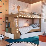 Treliche Infantil Solteiro Com Escada E Cama Auxiliar Aveiro Oak Branco Dermott Completa Móveis