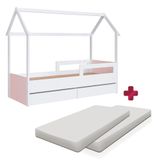 Cama Casinha Montessoriana Com Colchão Solteiro 2 Gavetas Branco Rosa Sorriso Shop Jm