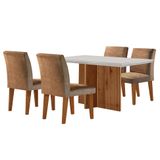 Conjunto De Mesa De Jantar Retangular Com Tampo De Vidro Off White Berlim E 4 Cadeiras Bélgica Suede Animalle Chocolate E Imbuia