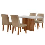 Conjunto De Mesa De Jantar Retangular Com Tampo De Vidro Off White Berlim E 4 Cadeiras Bélgica Linho Bege E Imbuia