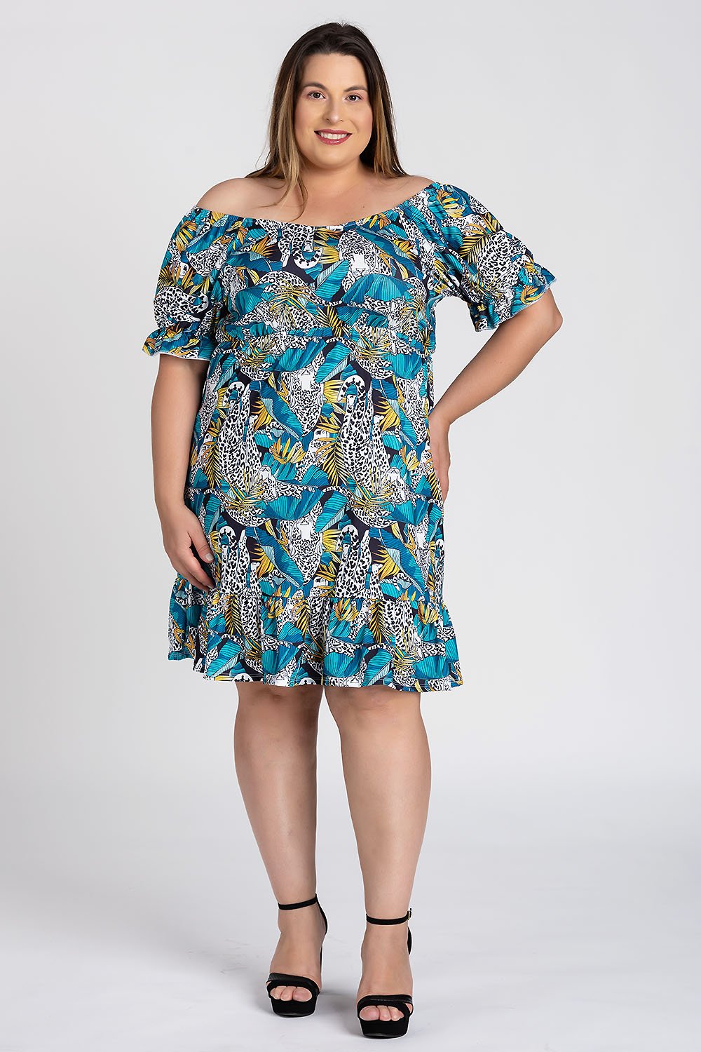 Vestido Feminino Plus Size Mangas Bufante Malha Confort Detalhes Babado- Serena