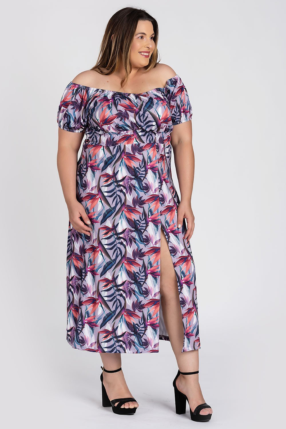 Vestido Feminino Plus Size Longo Ciganinha Malha Confort Estampado Fenda Frontal - Serena