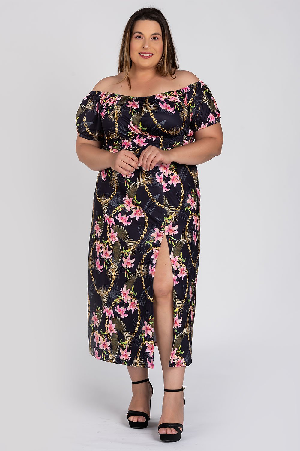 Vestido Feminino Plus Size Longo Ciganinha Malha Confort Estampado Fenda Frontal - Serena