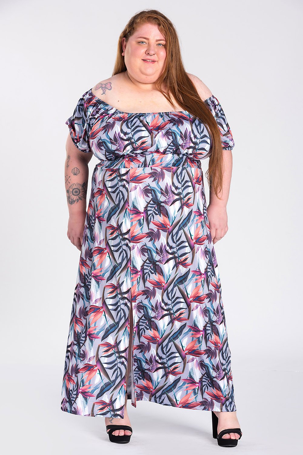 Vestido Feminino Plus Size Longo Ciganinha Malha Confort Estampado Fenda Frontal - Serena