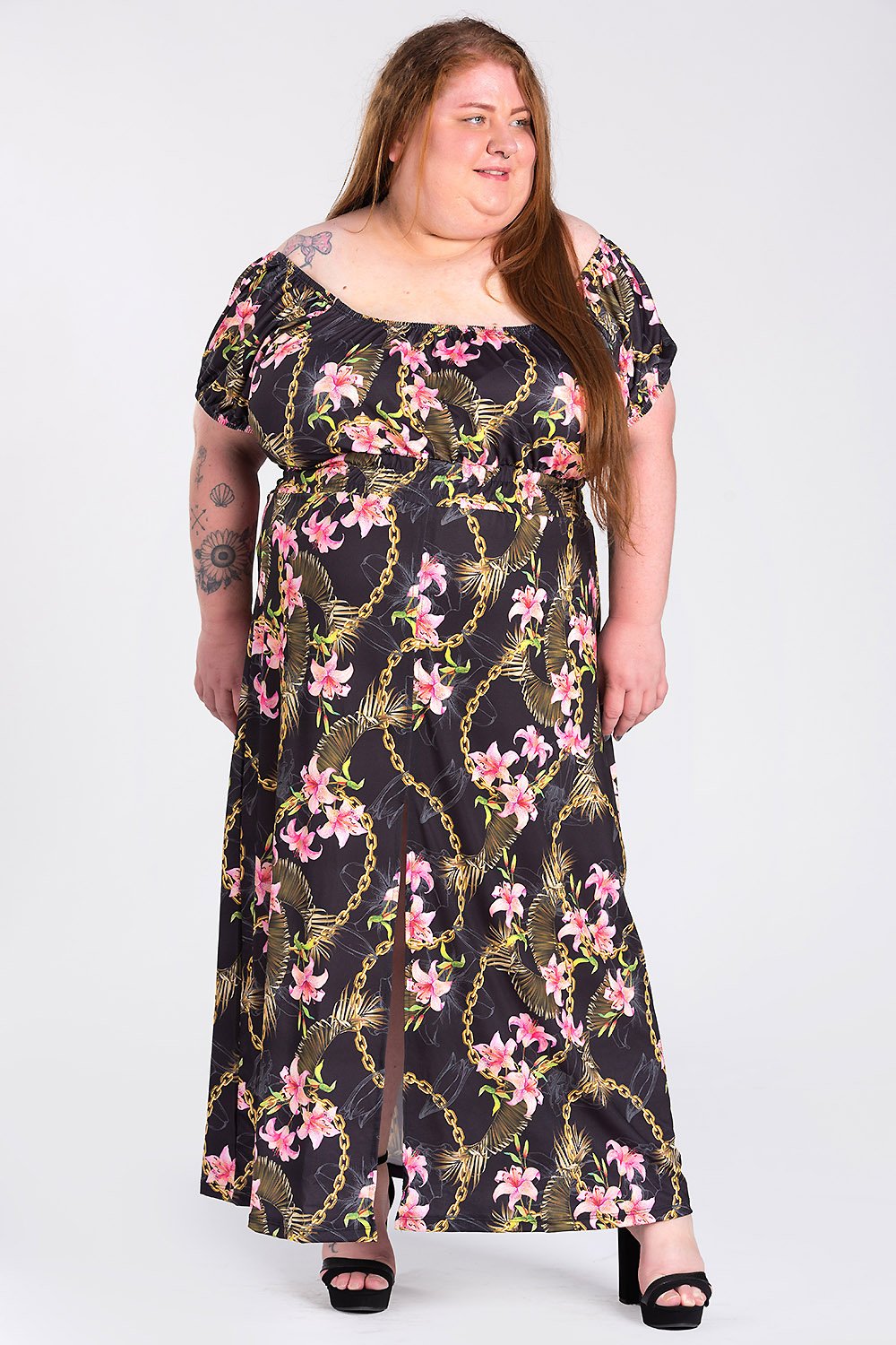 Vestido Feminino Plus Size Longo Ciganinha Malha Confort Estampado Fenda Frontal - Serena