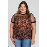 Blusa Feminina Plus Size Detalhe Tule Sublimado Animal Print Visco Costas - Serena