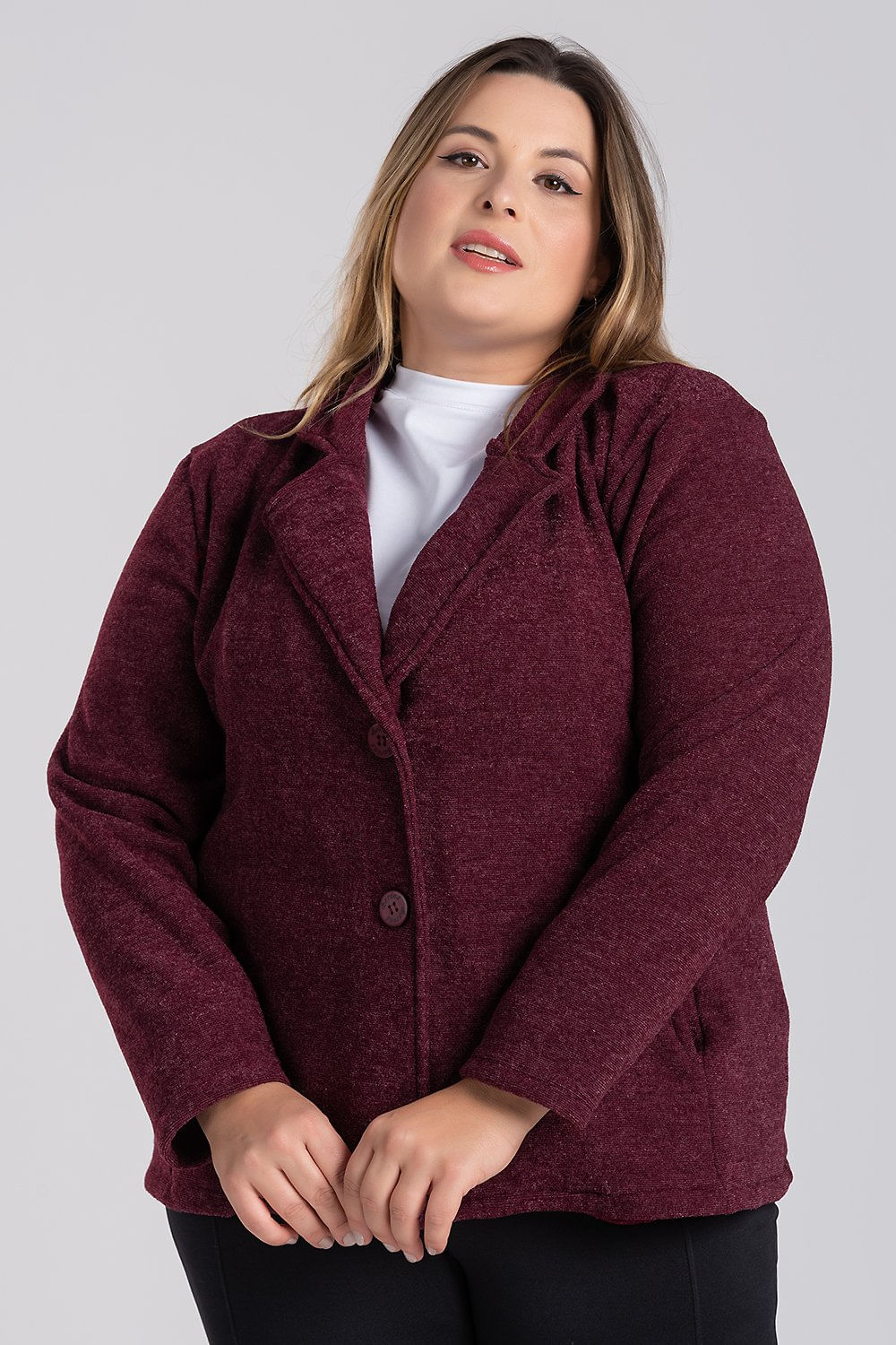 Blazer Feminino Plus Size Em Bouclê Fechamento Botões Bolsos Frente - Serena