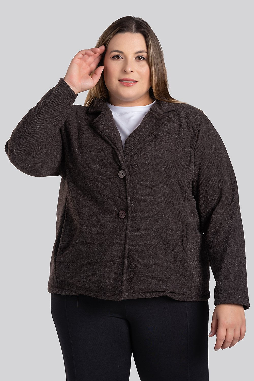 Blazer Feminino Plus Size Em Bouclê Fechamento Botões Bolsos Frente - Serena