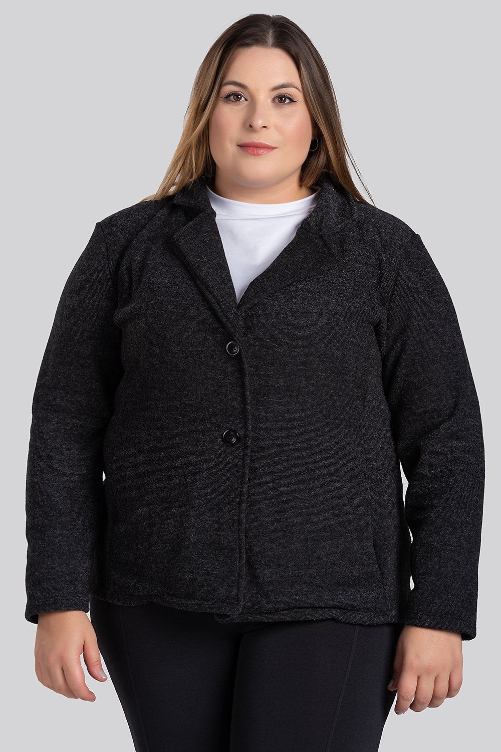 Blazer Feminino Plus Size Em Bouclê Fechamento Botões Bolsos Frente - Serena