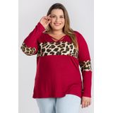 Blusa Feminina Plus Size Manga Longa Malha De Viscose C/ Detalhe Decote X E Recorte Animal Print - Serena