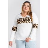 Blusa Feminina Plus Size Manga Longa Malha De Viscose C/ Detalhe Decote X E Recorte Animal Print - Serena