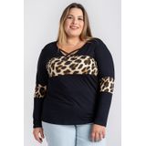 Blusa Feminina Plus Size Manga Longa Malha De Viscose C/ Detalhe Decote X E Recorte Animal Print - Serena