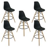 Kit 5 Banquetas Charles Eames Eiffel Wood Design Base Fixa Madeira - Preta