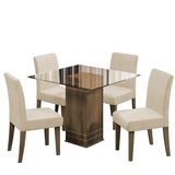 Conjunto De Mesa Sala De Jantar Com Tampo De Vidro 1m Onix 4 Cadeiras Trieste Cedro / Areia Dobuê
