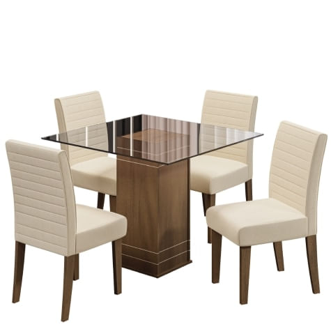 Conjunto De Mesa Sala De Jantar Com Tampo De Vidro 1m Onix 4 Cadeiras Creta Cedro / Areia Dobuê