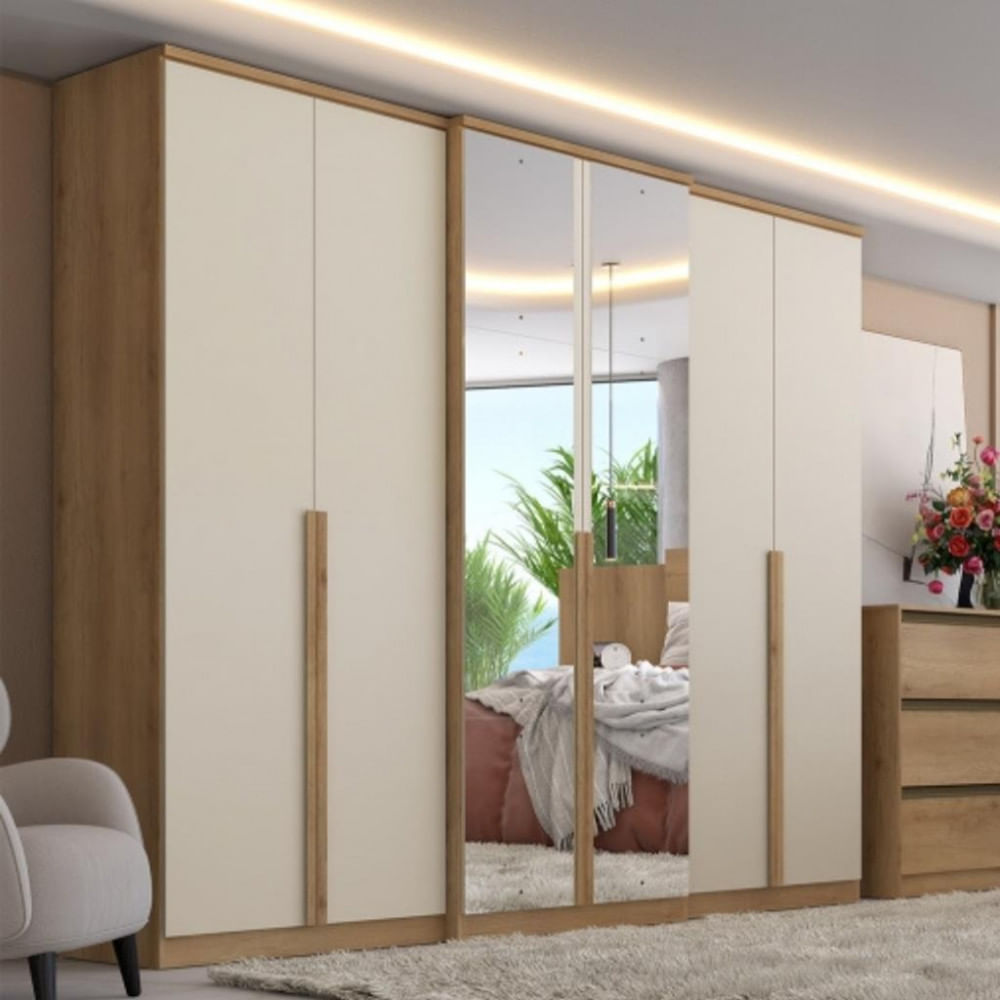 Guarda Roupas Casal Com Espelho 6 Portas 4 Gavetas Valência Full Glass Thb