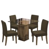 Conjunto De Mesa Sala De Jantar Com Tampo De Vidro 1m Onix 4 Cadeiras Trieste Cedro / Castor Dobuê