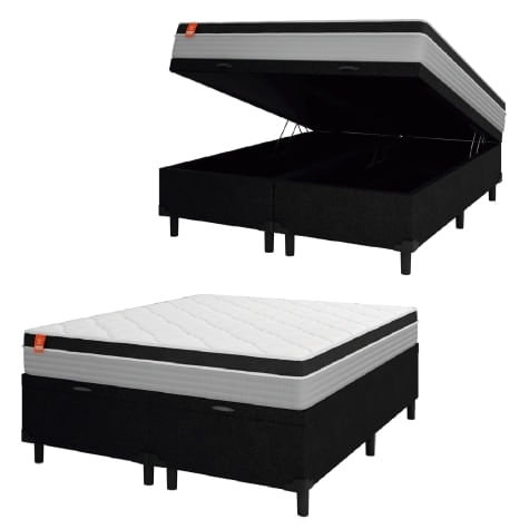 Cama Box Baú Casal Queen Colchão Molas Ensacadas Real 158x198x68cm Cinza / Preto - Suporta Até 130kg Por Pessoa