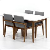 Mesa De Jantar Retangular Luiza 160cm Branca Com 4 Cadeiras Estofadas Isabela - Cinza