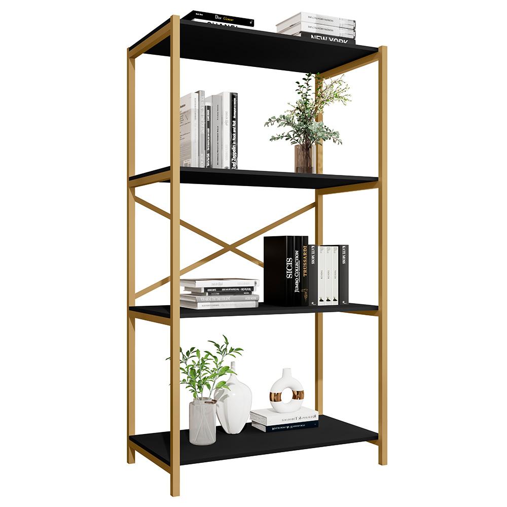 Estante Livreiro Steel 90cm Estilo Industrial Com Pés Em Aço Dourado/preto