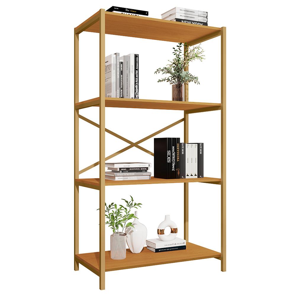 Estante Livreiro Steel 90cm Estilo Industrial Com Pés Em Aço Dourado/naturale