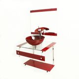 Gabinete de Vidro 60cm Inox com Cuba Redonda Vermelho Cereja