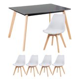 Mesa de jantar retangular 80 x 120 cm preto + 4 cadeiras estofadas Leda branco