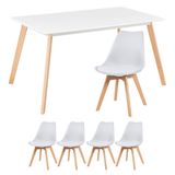 Mesa de jantar retangular 80 x 140 cm branco + 4 cadeiras estofadas Leda branco