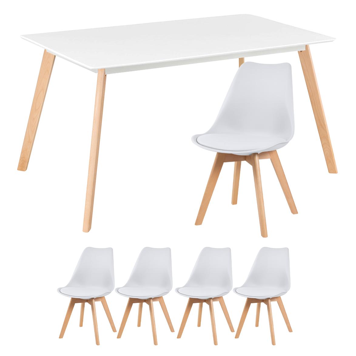 Mesa de jantar retangular 80 x 140 cm branco + 4 cadeiras estofadas Leda branco