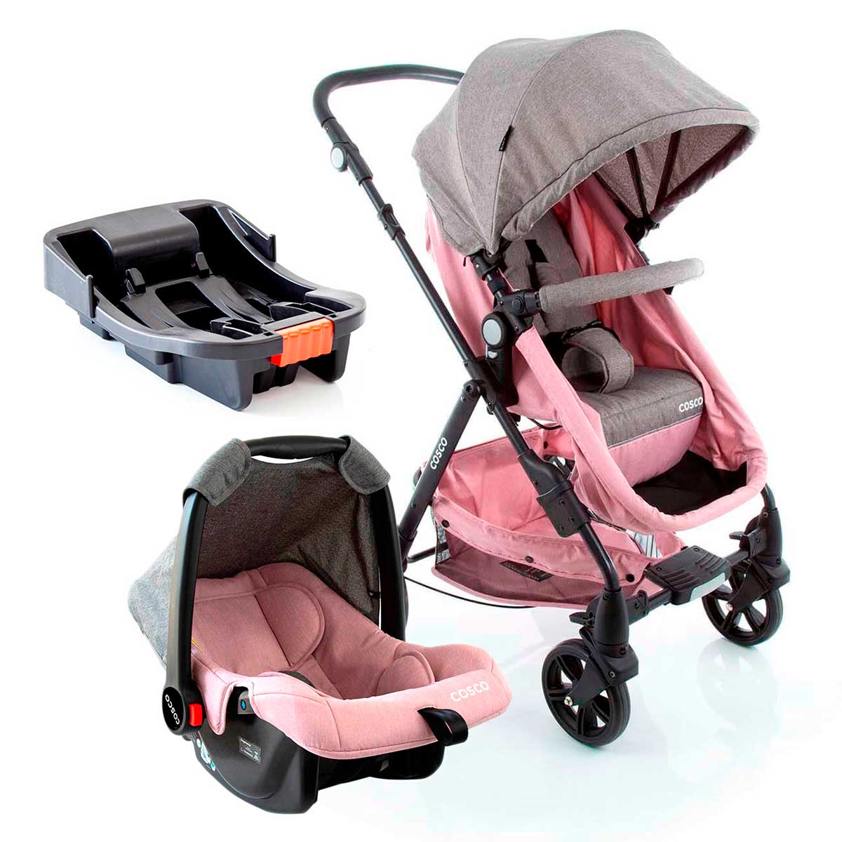Carrinho de Bebê Travel System Cosco 4 Rodas 3 Posições Suporta Crianças de Até 15Kg Poppy com Base Rosa